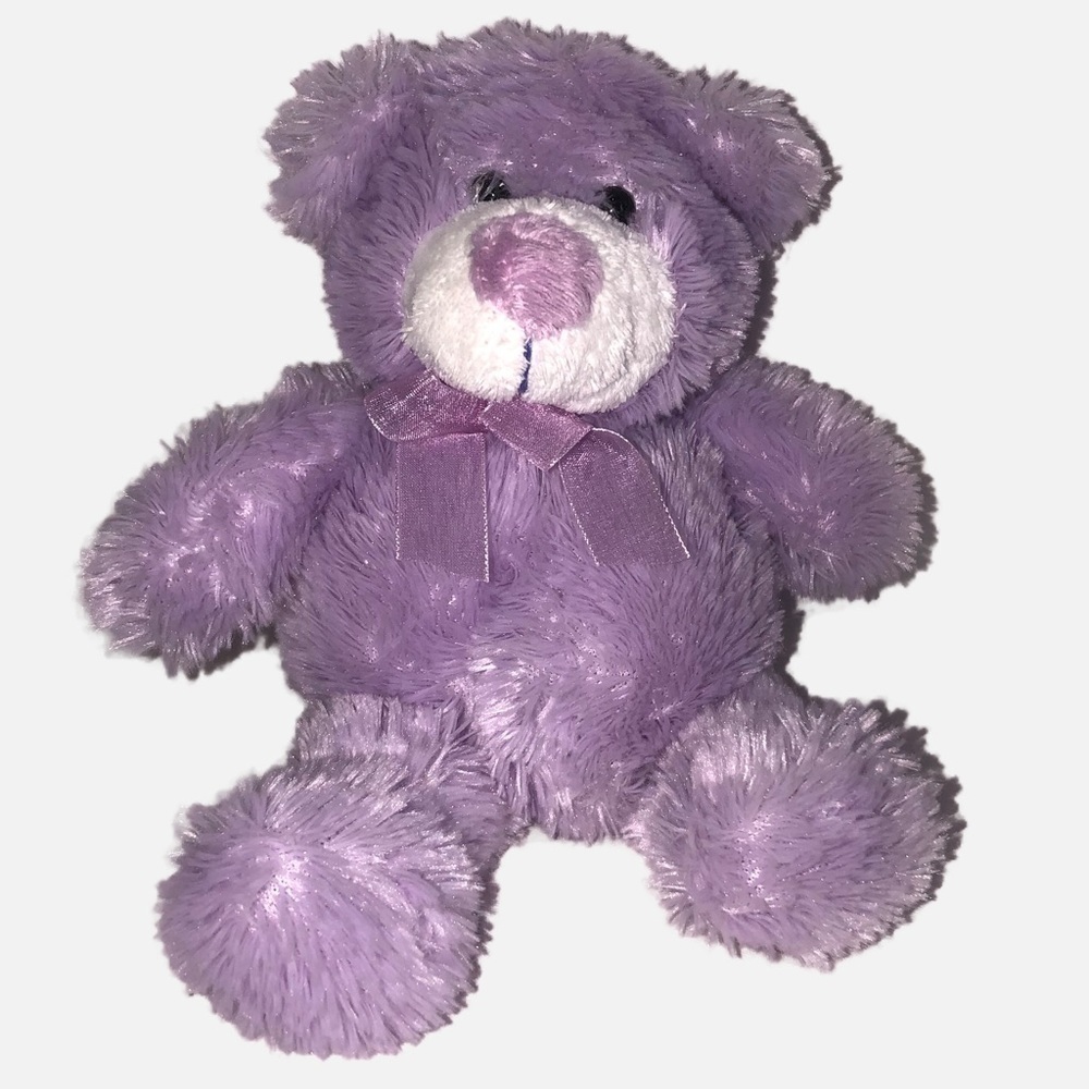 Kellytoy Purple Fuzzy Bear 9” Plush Stuffed Animal Bow Lavender Lilac